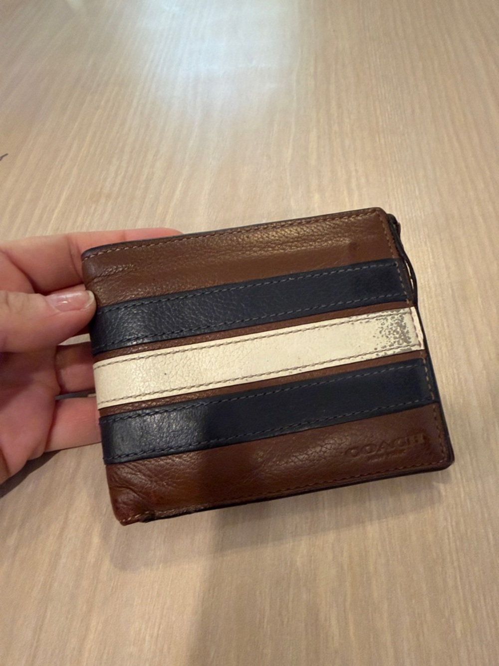 Men’s Coach Brown Leather Card Holder with Navy and Cream Stripes